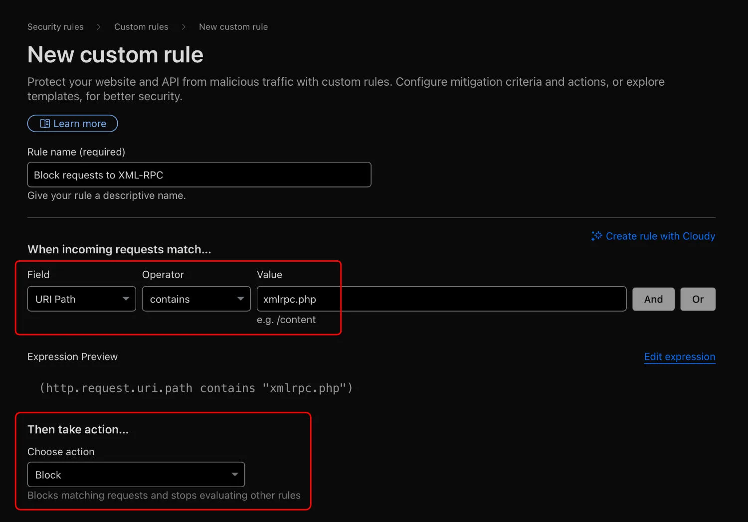 Block XML-RPC on Cloudflare