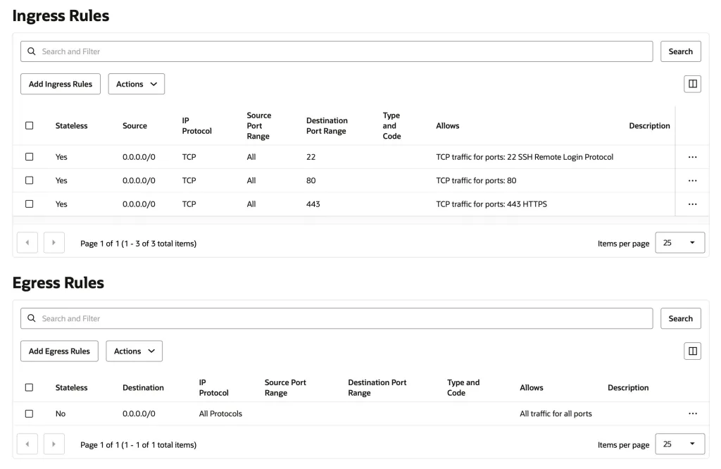 Set up Security List rules in OCI for n8n.